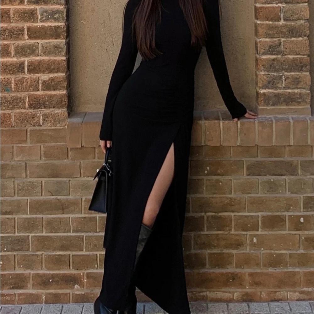 Commense Black Long Sleeve Dress with High Slit